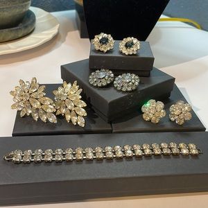4 Pair Vintage Earrings & 1 Bracelet Rhinestones